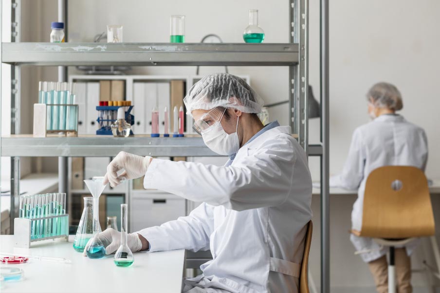 cientifico realizando experimentos con probetas en laboratorio equipado